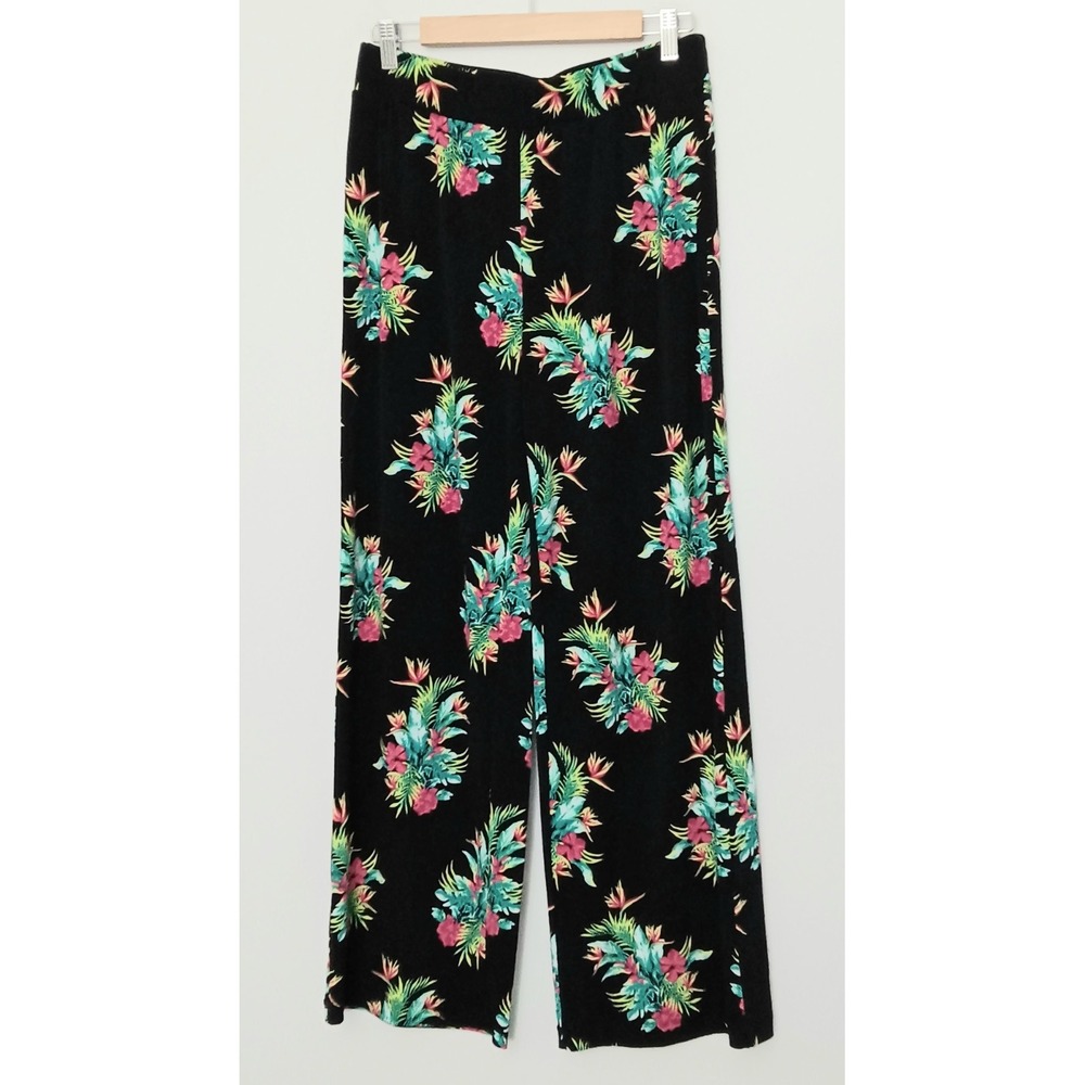Chico's Pants Women's Size 8 Slinky Knit Black Tropical Pullon Ankle Wide Leg